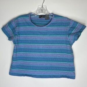 Vintage Liz Wear Blue Striped Capped Sleeve Cropped Shirt Small 90s Y2K